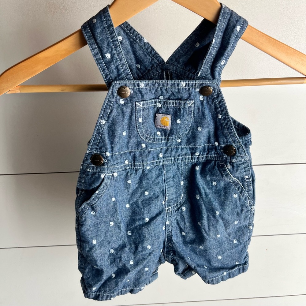 Carhartt Kids Girls Chambray Denim Overalls with White Logo Dots Size 12 Months